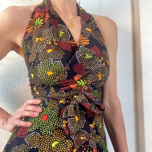 1970s Floral Wrap Halter A line Maxi Dress. M