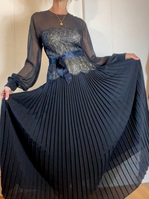 Nina Ricci, Vintage 1970's Nina Ricci Silk and Lace Pleated Gown. S/M