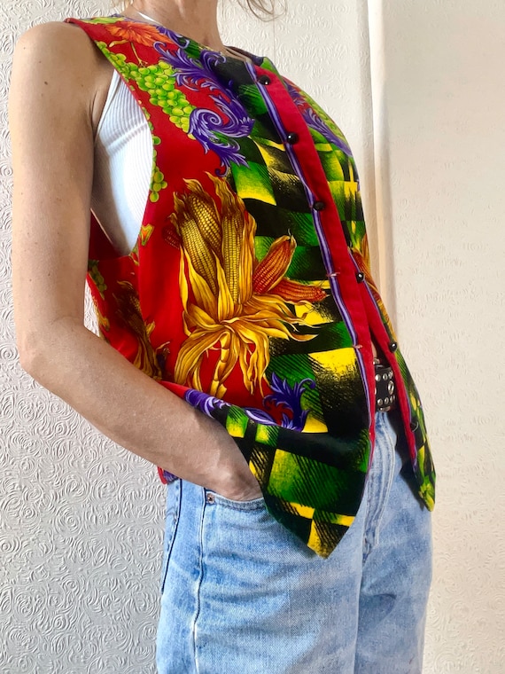 1990s GIANNI VERSACE Men's Velvet Art Print Vest Waist Coat. M/L