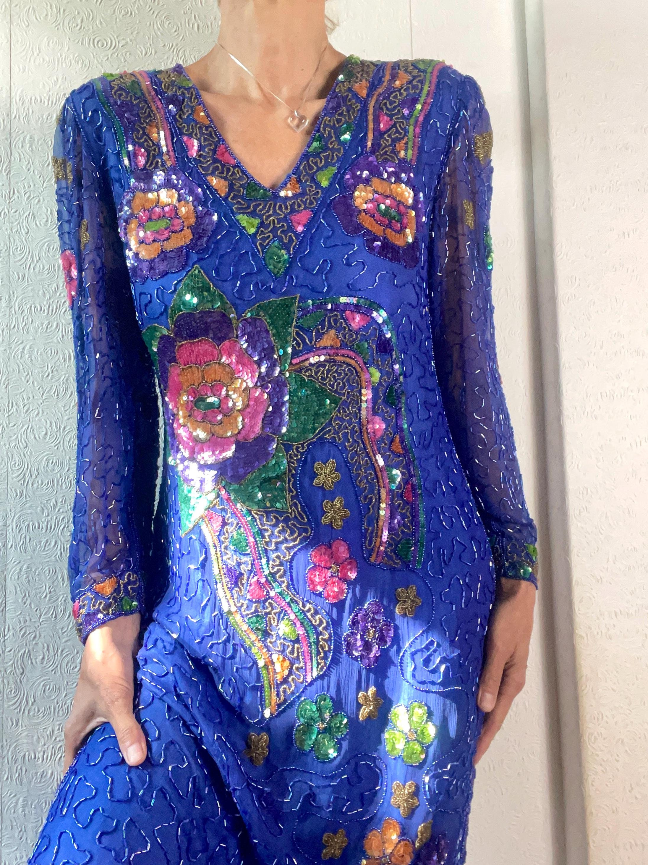 1980s Blue Beaded Sequinned Silk Party Dress. Size 6-10