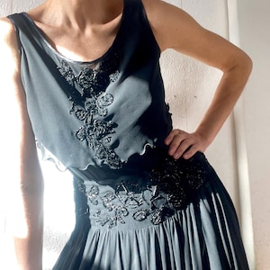 1970s  Beaded Silk Chiffon Full Skirt Gown Dress. Size 6