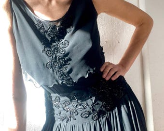 1970s  Beaded Silk Chiffon Full Skirt Gown Dress. Size 6