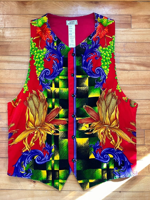 トップス TEAM WANG PRINTED LOGO VELVET DOWN VEST 1990s GIANNI VERSACE Men's Velvet Art Print Vest Waist Coat. M/L