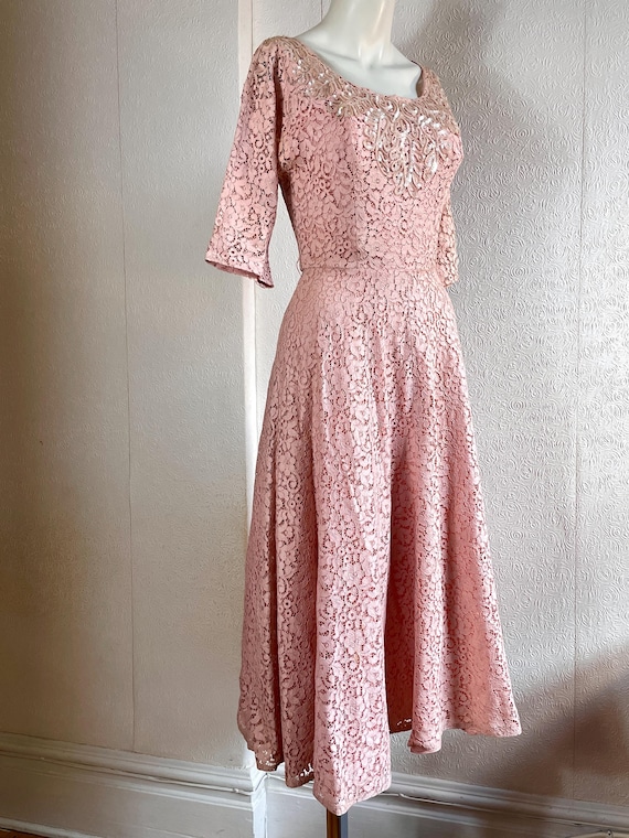 1950s Pink Lace and Sequinned Fit and Flare Dress. S