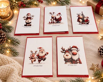 Christmas Cards – Set of 5 cards with envelopes | French or English | Linen Cardstock | Holiday Greeting Cards