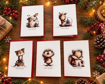 Christmas Cards – Set of 5 cards with envelopes | French or English | Linen Cardstock | Holiday Greeting Cards