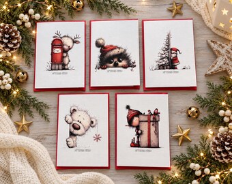 Christmas Cards – Set of 5 cards with envelopes | French or English | Linen Cardstock | Holiday Greeting Cards
