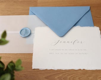 Elegant bridesmaid proposal card – Handmade paper, vellum wrap, wax seal – Custom colors