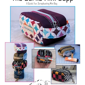 Puede incluir: El bolso Burke Mini Dopp, un pequeño neceser colorido con cierre de cremallera. El bolso presenta un estampado geométrico en tonos morado, azul y blanco. Imágenes adicionales muestran variaciones del bolso. El texto dice "A Quick, Fun, Scrapbusting Mini Bag."