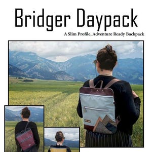 May include: The image displays a "Bridger Daypack", a slim, adventure-ready backpack. The main image shows a person wearing a light blue and brown backpack in a field with mountains. Additional images show the backpack in burgundy and yellow.