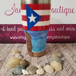 Hand painted/vinyl Puerto Rican flag beach tumbler.