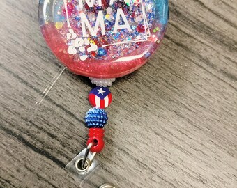 Puerto Rican Mama Shaker Flag beaded badge reel retractable.