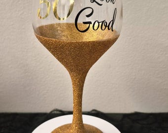 50th Birthday Glitter Wine Glass - Personalized Celebration Gift