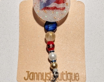 Puerto Rican Flag beaded badge reel retractable.