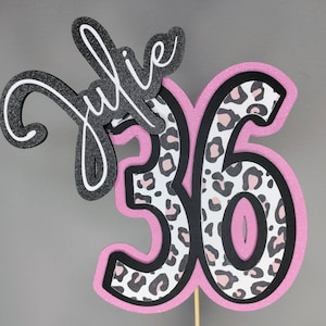 May include: A pink and black cake topper with a leopard print design. The number 36 is featured with the name "Julie" in a black script font.