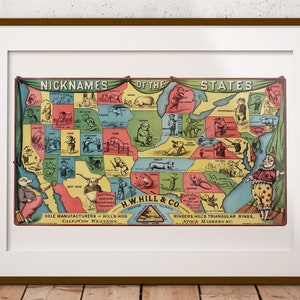 Póster de apodos estatales Hill's Hog Ringers Impresión vintage de 1884 Cerdos de dibujos animados Apodos de Estados Unidos Mapa estatal Anuncio vintage