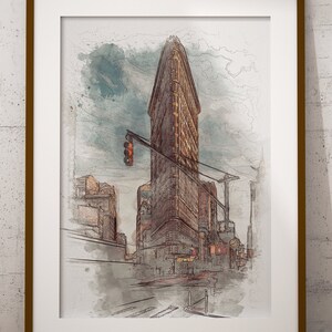 Plakat ścienny z nowojorskim budynkiem Flatiron, szkic akwarelowy przedstawiający architekturę, plakat podróżniczy z Nowego Jorku, dekoracja domu, prezent