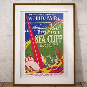 Póster retro de la WPA Impresión de la Feria Mundial de Nueva York Arte mural de Sea Cliff Long Island Póster de guerra vintage de 1939 Arte mural Art Déco Atlantic Beach Road