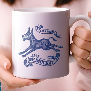 Retro Democrat Mug A Clean Sweep! Vote Democrat 1968 Vintage Political Campaign Button Mug US Election History Democratic Party Donkey
