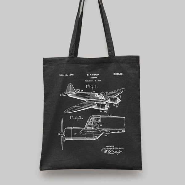 Vintage Airplane Tote Bag WWII Blueprint Patent Aviation History Airplane Canvas Tote Bag World War II Vintage Gift For Him Propeller Plane