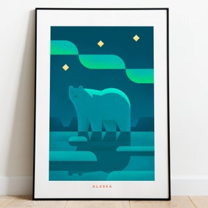 Póster de viaje de Alaska, impresión de estilo vintage, arte de Alaska, oso polar, cielo nocturno de Alaska, decoración retro para el hogar, póster del estado, arte de pared retro de AK, impresión de EE. UU.