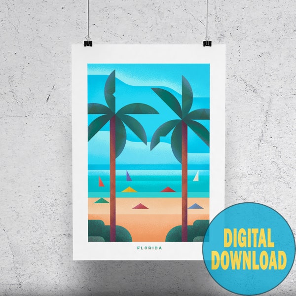 Florida Poster Travel Printable Vintage Style Florida Art Florida Beach Scene Palm Trees Retro Home Decor Retro Florida Wall Art Printable