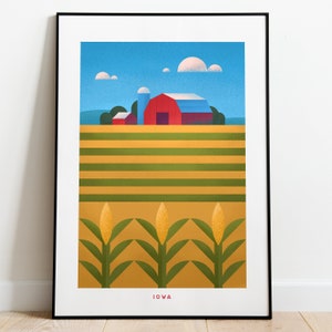Póster de viaje con impresión de Iowa, estilo vintage, arte de Iowa, decoración retro para el hogar, póster estatal, arte de pared retro, impresión de EE. UU., póster rústico de cultivo de maíz de Iowa