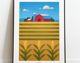 Retro Iowa Travel Poster Wall Art Print, Farm and Cornfield Landscape Artwork for Living Room, Rustic Midwestern State Decor Gift
