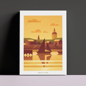 Impresión de lienzo de viaje de Maryland, arte de Maryland de estilo vintage, lienzo de decoración del hogar retro de la bahía de Chesapeake y Annapolis, arte de pared retro en lienzo de EE. UU.