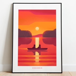Retro Wisconsin Travel Poster Wall Art Print, Sunset Canoeing Lake Artwork for Living Room, Rustic Outdoor State Decor Gift Rural Wisconsin