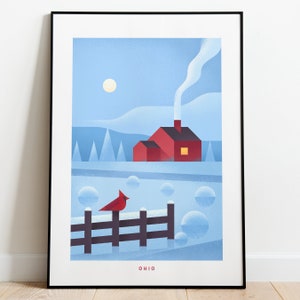 Póster de Ohio, impresión de viaje, estilo vintage, arte de Ohio, decoración retro para el hogar, póster estatal, arte retro de aves de Ohio, impresión de EE. UU., cardenal de invierno, Cleveland, Columbus