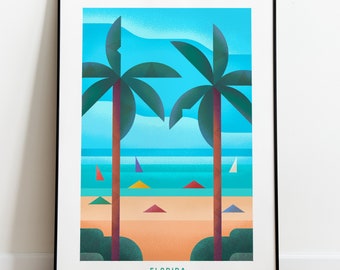 Retro Florida Travel Poster Wall Art Print, Tropical Beach Palm Tree Artwork for Living Room, Coastal Sunshine State Decor Gift
