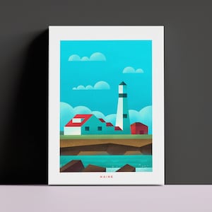 Impresión de lienzo de viaje de Maine Estilo vintage Arte del faro de Maine Decoración retro para el hogar de la costa atlántica Lienzo estatal Arte de pared retro de Maine Lienzo de Maine