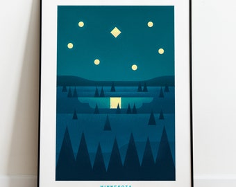 Retro Minnesota Travel Poster Wall Art Print, Great Lakes Landscape Artwork for Living Room, Northern State Wall Decor Gift Lake Camping