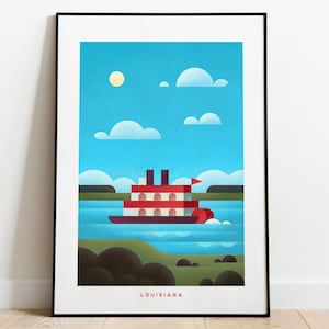 Retro Louisiana Travel Poster Wall Art Print, Scenic Bayou Landscape Artwork for Living Room, Mississippi Riverboat Decor Gift Idea