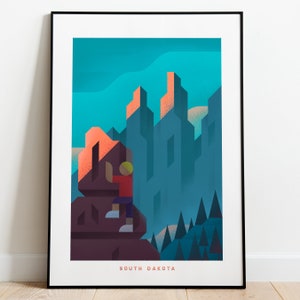 Retro South Dakota Travel Poster Wall Art Print, Mount Rushmore Landscape Artwork for Living Room, State History Wall Decor, Mountain Climb