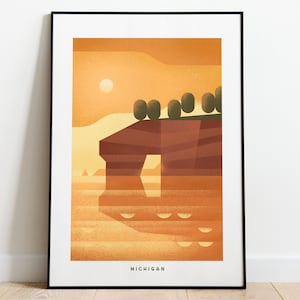 Retro Michigan Travel Poster Wall Art Print, Great Lakes Landscape Artwork for Living Room, Rustic Nature Wall Decor Gift, Michigan Sunset