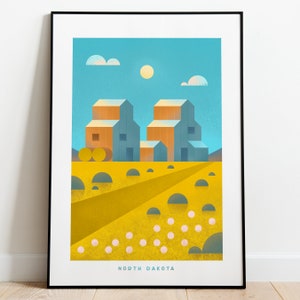 Retro North Dakota Travel Poster Wall Art Print, Prairie Farm Landscape Artwork for Living Room, Rustic Midwestern State Decor Gift