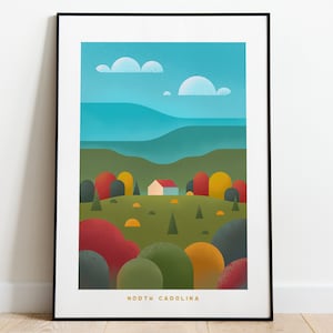 Retro North Carolina Travel Poster Wall Art Print, Rural Landscape with Mountains Artwork for Living Room, Appalachian State Decor Gift