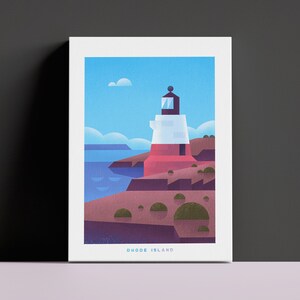 Lienzo con impresión de viaje con faro de Rhode Island, estilo vintage, arte retro de Rhode Island, costa atlántica, decoración del hogar, lienzo, arte de pared retro
