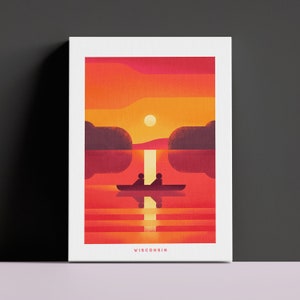 Wisconsin Canvas Travel Print Vintage Style Wisconsin Art Retro Home Decor State Canvas Retro WI Wall Art Wisconsin Lakes Canoe Sunset