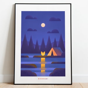 Retro Missouri Travel Poster Wall Art Print, Night Landscape Camping Artwork for Living Room, Outdoor Adventure State Decor Gift Ozarks Camp