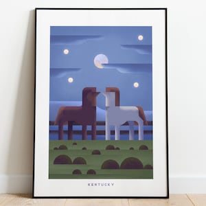 Retro Kentucky Reiseplakat Wandkunst Druck, Nachtpferdekunstwerk für Wohnzimmer, Südlicher Reiterzustand Dekorgeschenk Pferderennenkunst