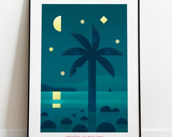 Retro South Carolina Travel Poster Wall Art Print, Palmetto Tree Night Scene Artwork for Living Room, Southern State Decor Gift