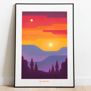 Retro Alabama Travel Poster Wall Art Print, Sunset Landscape Artwork for Living Room, Southern State Nature Decor Gift Desoto State Park Art