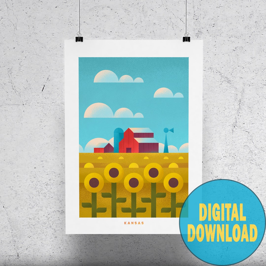 Kansas Poster Travel Printable Vintage Style Kansas Art Kansas Etsy