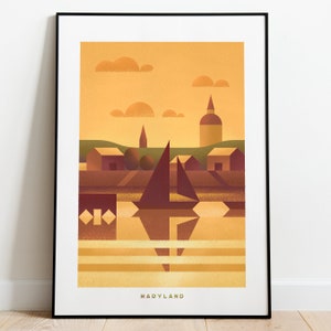 Póster de Maryland, impresión de viaje, estilo vintage, arte de Maryland, decoración retro para el hogar, póster del estado, impresión de arte de pared retro de Maryland, bahía de Chesapeake, Annapolis