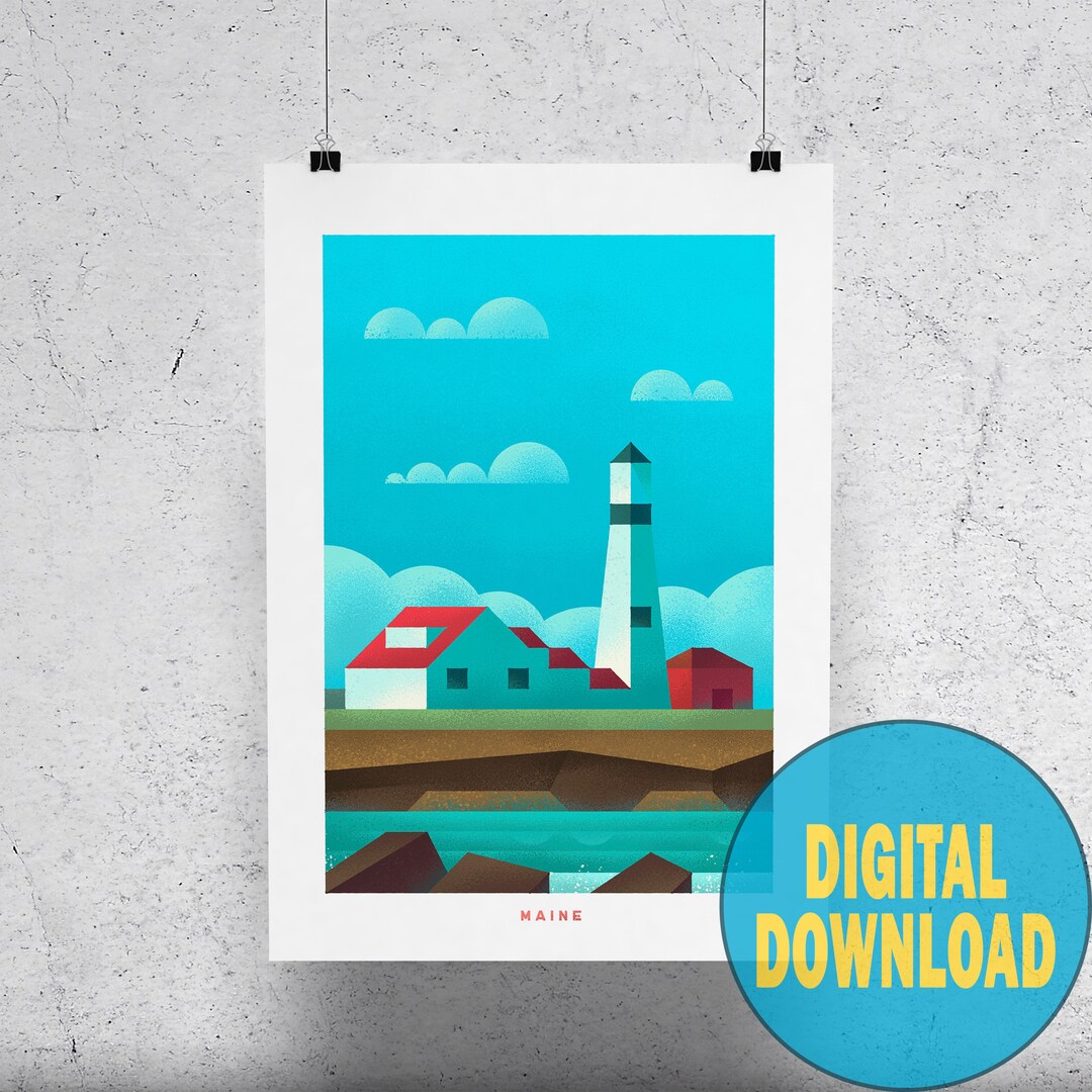 Maine Poster Travel Printable Vintage Style Maine Art Retro - Etsy