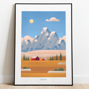 Retro Idaho Travel Poster Wall Art Print, Mountain Landscape Artwork for Living Room, Rustic Nature State Wall Decor Gift Sawtooth Mountains