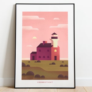 Retro Connecticut Travel Poster Wall Art Print, Sunrise Lighthouse Coastal Artwork for Living Room, New England State Decor Gift Atlantic